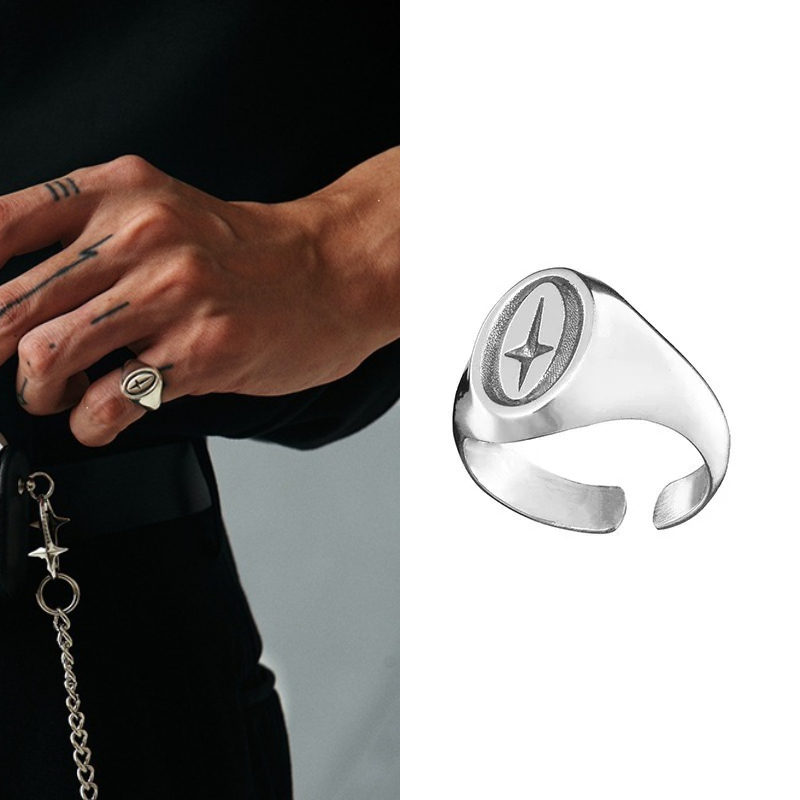 Signet Ring Men - Минималистичное регулируемое кольцо-печатка с северной звездой